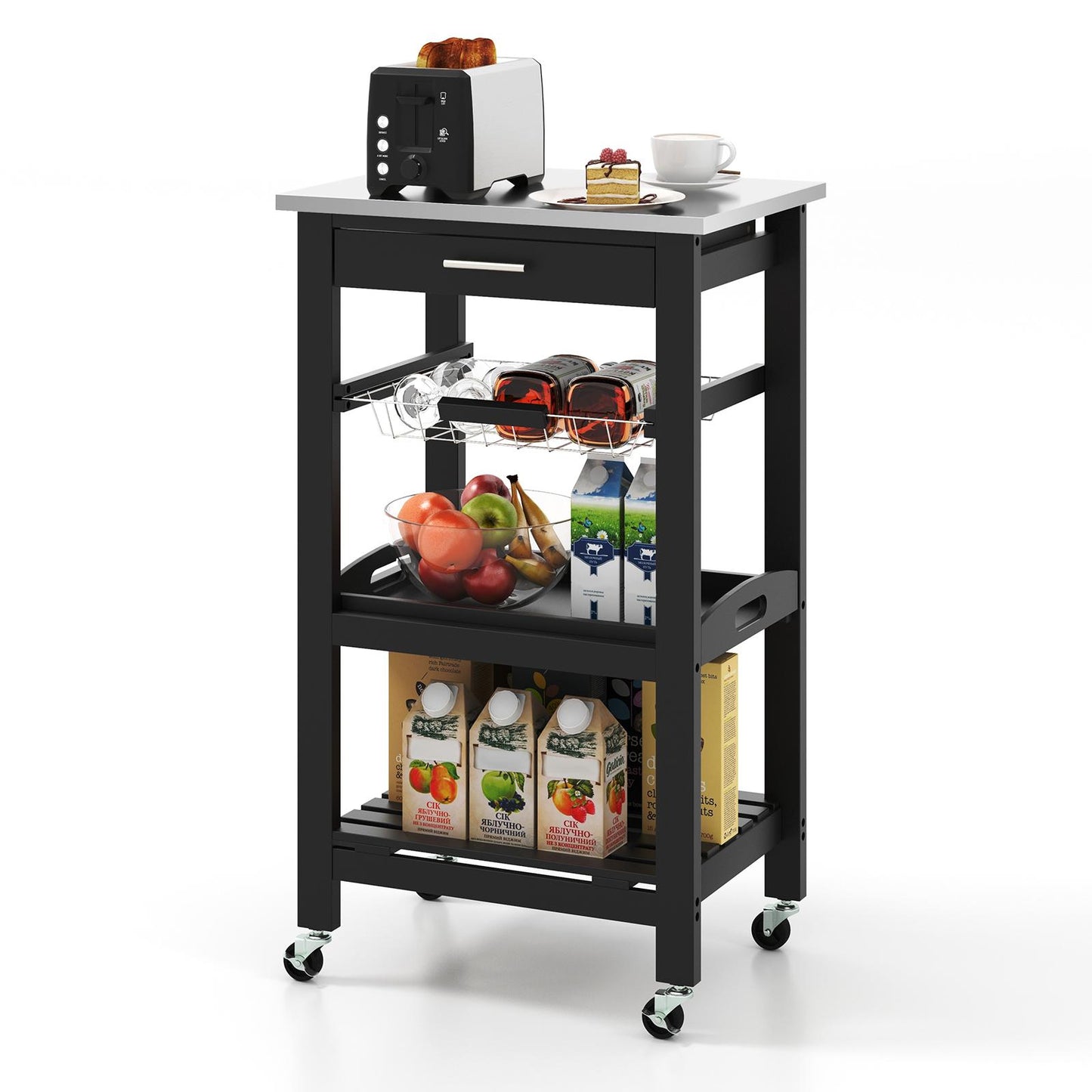 Giantex Kitchen Island Cart, Utility Storage Trolley, Serving Tray & Slatted Shelf, Buffet Serving Cart w/Lockable Wheels for Dining Room, Black