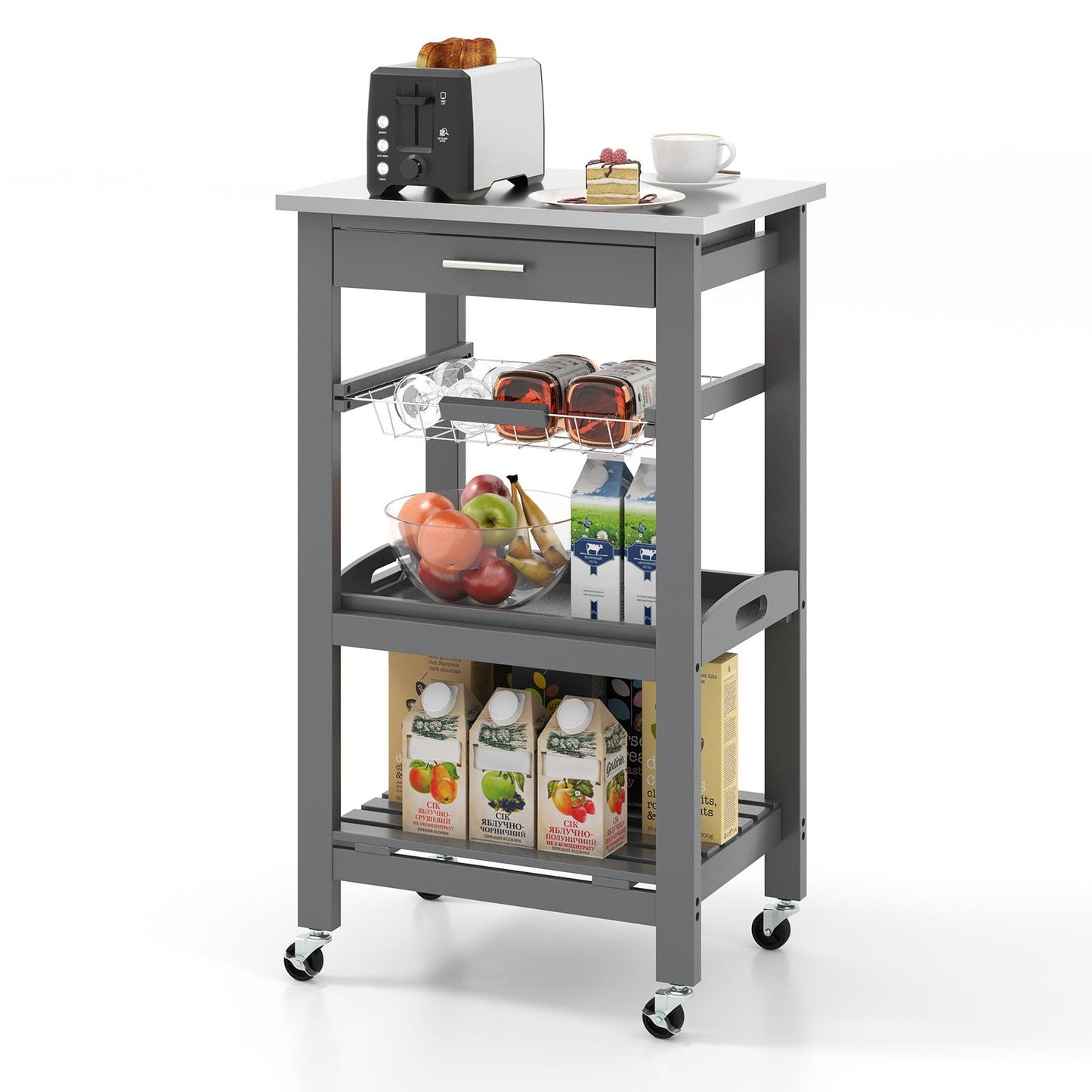 Giantex Kitchen Island Cart, Utility Storage Trolley, Serving Tray & Slatted Shelf, Buffet Serving Cart w/Lockable Wheels for Dining Room, Grey