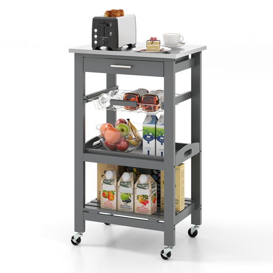 Giantex Kitchen Island Cart, Utility Storage Trolley, Serving Tray & Slatted Shelf, Buffet Serving Cart w/Lockable Wheels for Dining Room, Grey