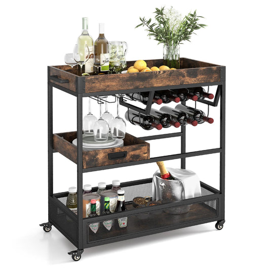 Giantex -Tier Rolling Bar Cart, Industrial Buffet Serving Trolley Cart w/Wine Rack, Stemware Rack & Removable Tray, Mobile Liquor Beverage Cart