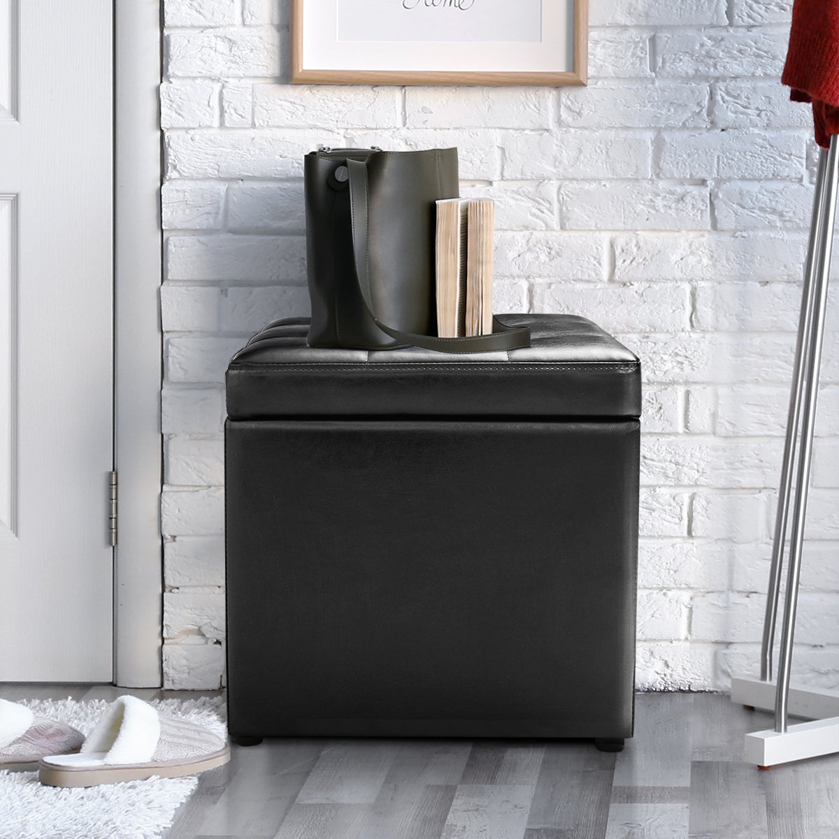 Giantex Seat Cube with Storage Space, Ottoman Made of Artificial Leather & Wood, Upholstered Ottoman, Black