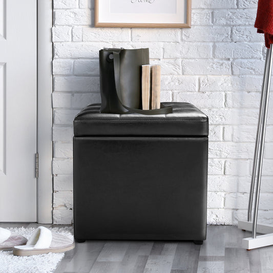 Giantex Seat Cube with Storage Space, Ottoman Made of Artificial Leather & Wood, Upholstered Ottoman, Black