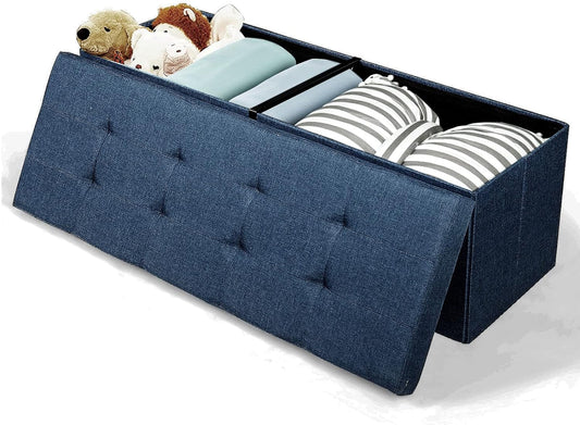 Giantex 43.5” Folding Storage Ottoman Bench, Storage Chest Box w/Divider, Padded Seat Shoe Bench, Fabric Tufted Ottoman for Home, Navy