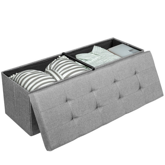 Giantex 43.5” Folding Storage Ottoman Bench, Storage Chest Box w/Divider, Padded Seat Shoe Bench, Fabric Tufted Ottoman for Home, Silver