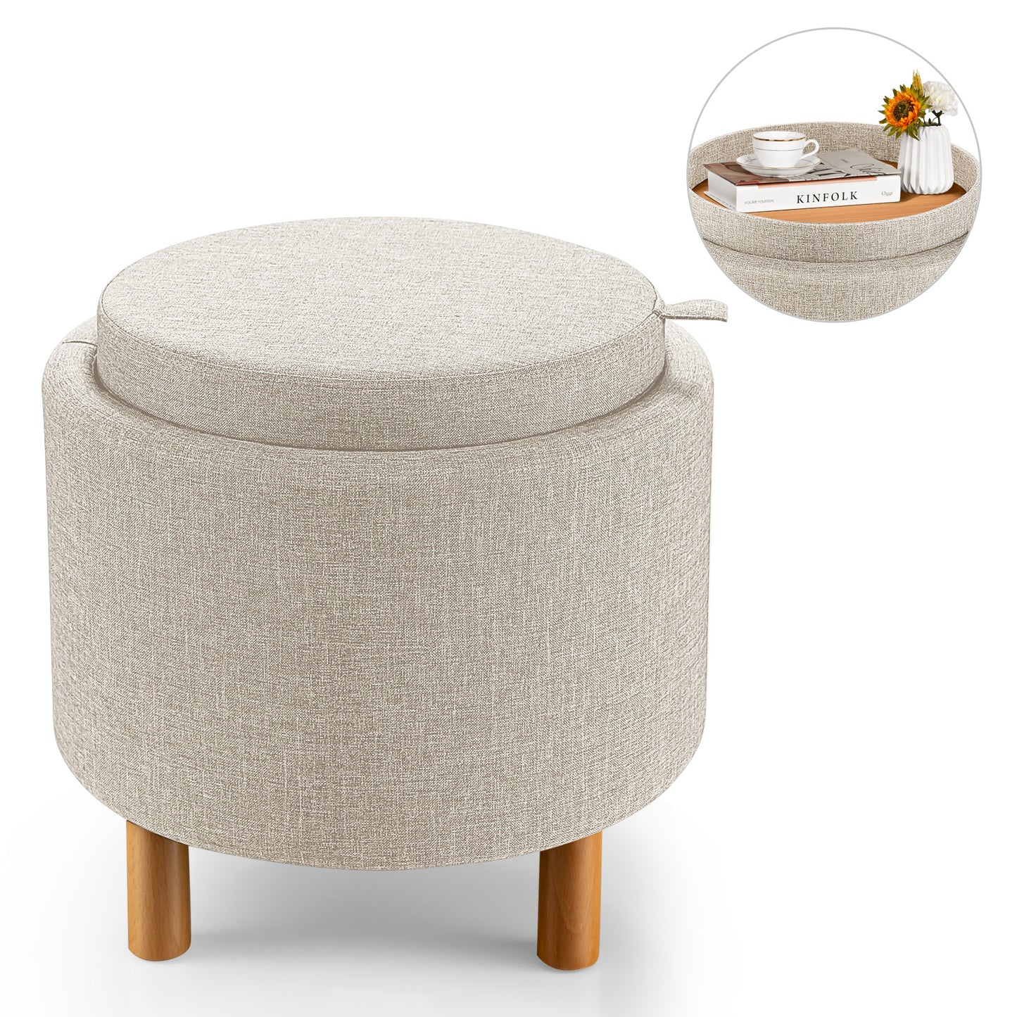 Giantex 4 in 1 Upholstered Round Storage Ottoman, Fabric Storage Cozy Footstool, Beige