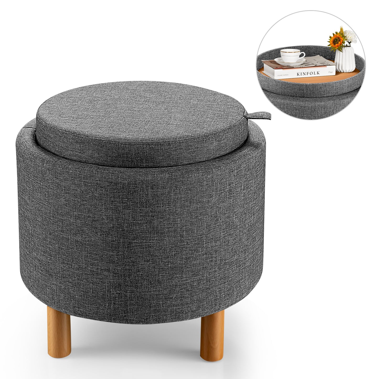 Giantex 4 in 1 Upholstered Round Storage Ottoman, Fabric Storage Cozy Footstool, Grey