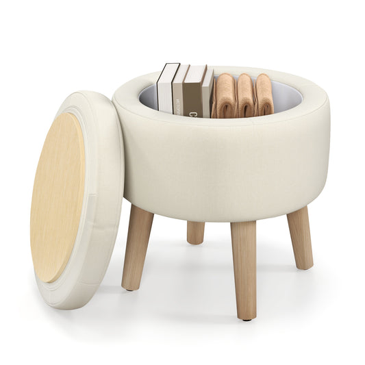 Giantex Round Ottoman w/ Storage & Flip-over Lid, Multifunctional Upholstered Footrest, Modern Accent Vanity Stool, Beige