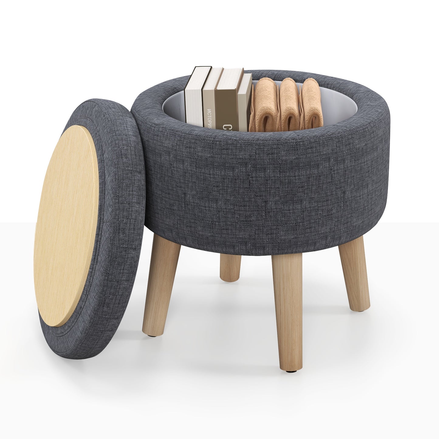 Giantex Round Ottoman w/ Storage & Flip-over Lid, Multifunctional Upholstered Footrest, Modern Accent Vanity Stool, Gray