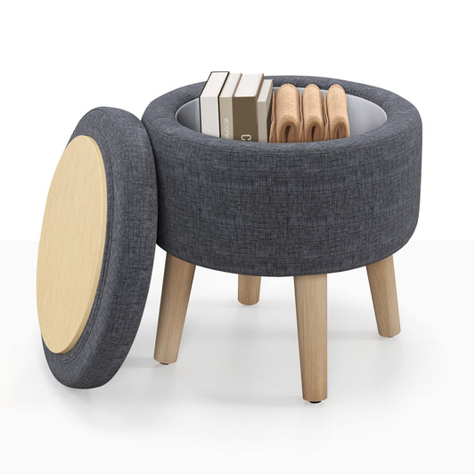 Giantex Round Ottoman w/ Storage & Flip-over Lid, Multifunctional Upholstered Footrest, Modern Accent Vanity Stool, Gray