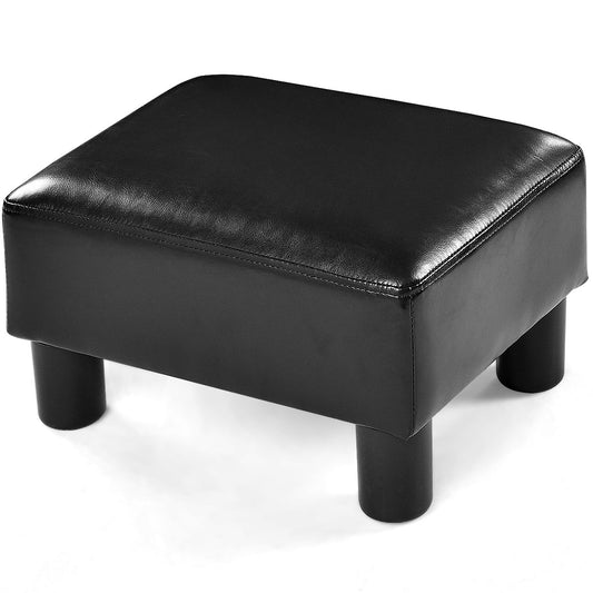 Giantex Footrest Ottoman, Small PU Leather Stool w/Non-Skid Wood Legs, Modern Rectangular Footstool for Outdoor, Office, Black