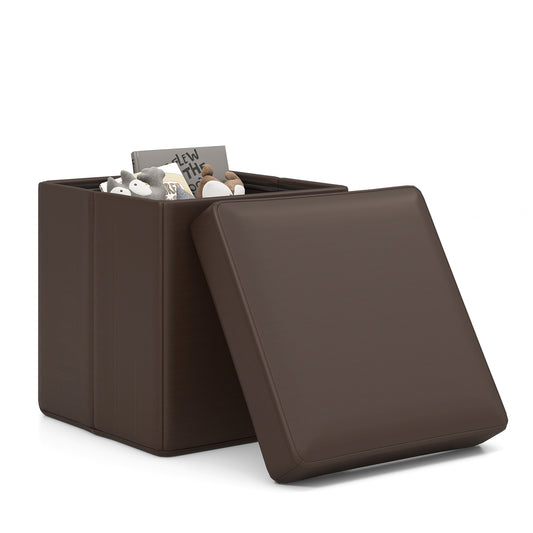 Giantex Storage Ottoman Cube, 15 Inches Folding Leather Ottoman Foot Rest, Coffee Table, Foot Stool, Padded Seat, Brown