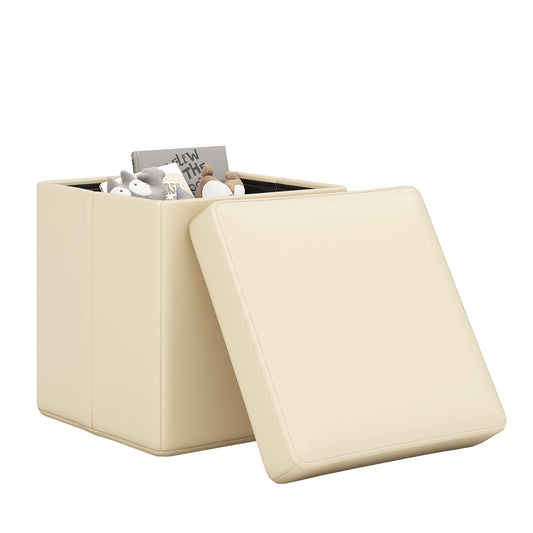 Giantex Storage Ottoman Cube, 15 Inches Folding Leather Ottoman Foot Rest, Coffee Table, Foot Stool, Padded Seat, White