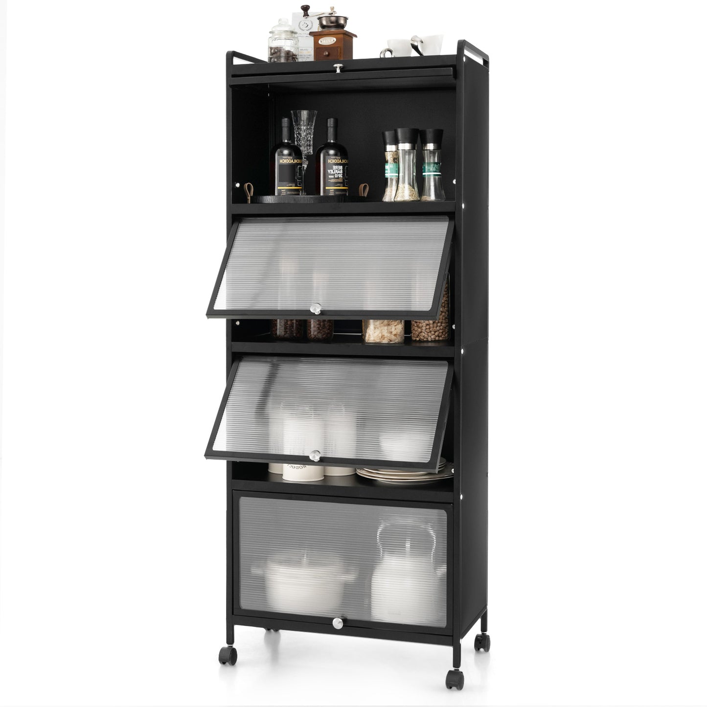 Giantex 5-Tier Kitchen Storage Cabinet, Mobile Microwave Stand, Bread Rack Coffee Stand, Bakers Rack w/Flip Door Cabinets, Black