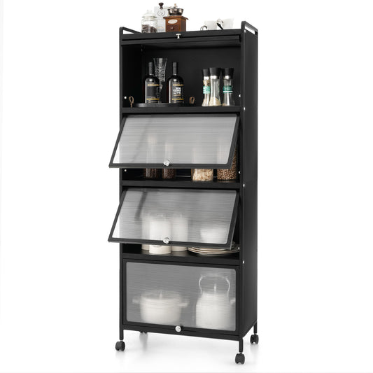 Giantex 5-Tier Kitchen Storage Cabinet, Mobile Microwave Stand, Bread Rack Coffee Stand, Bakers Rack w/Flip Door Cabinets, Black
