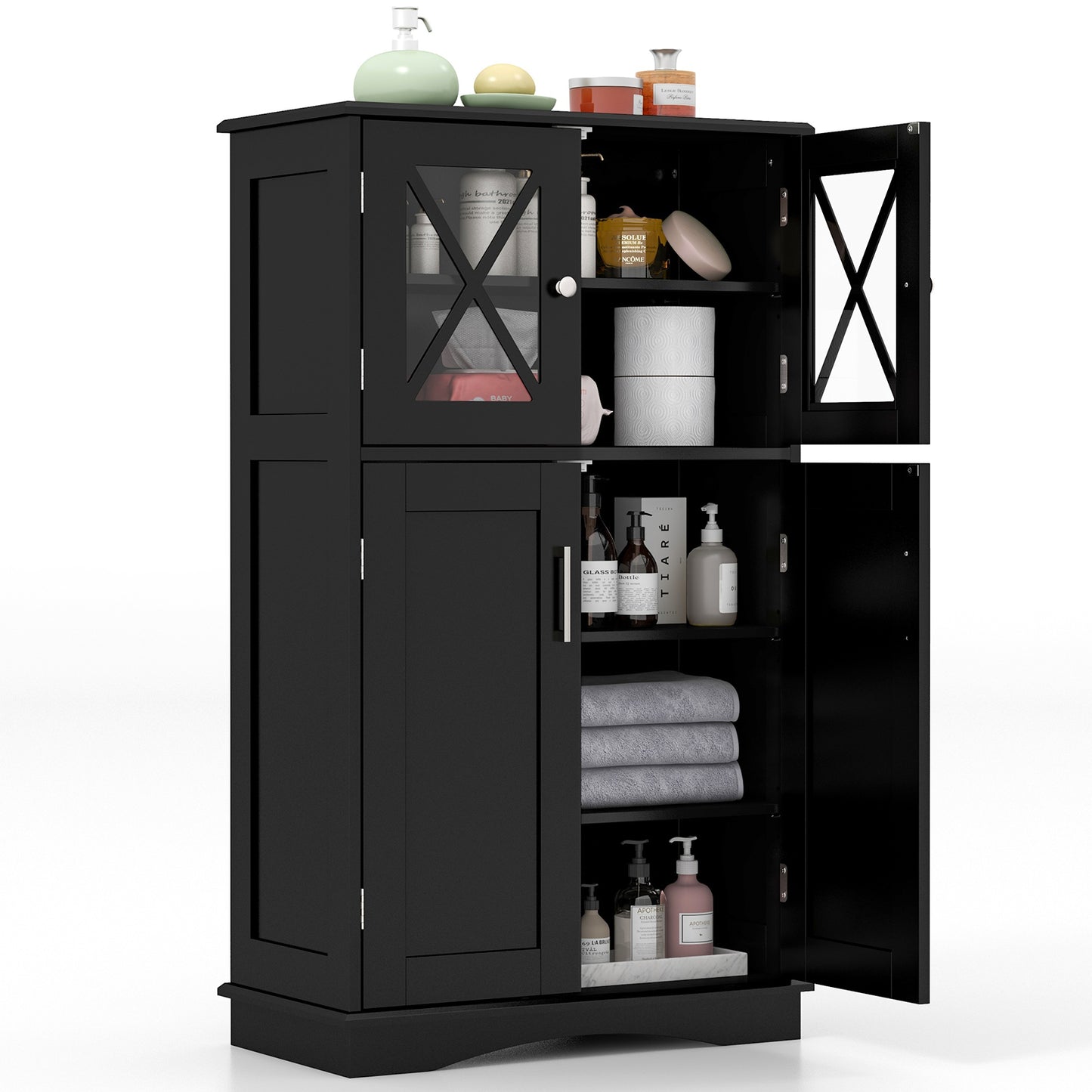 Giantex Bathroom Floor Storage Cabinet, Freestanding Linen Cabinet w/3 Adjustable Shelves, Black