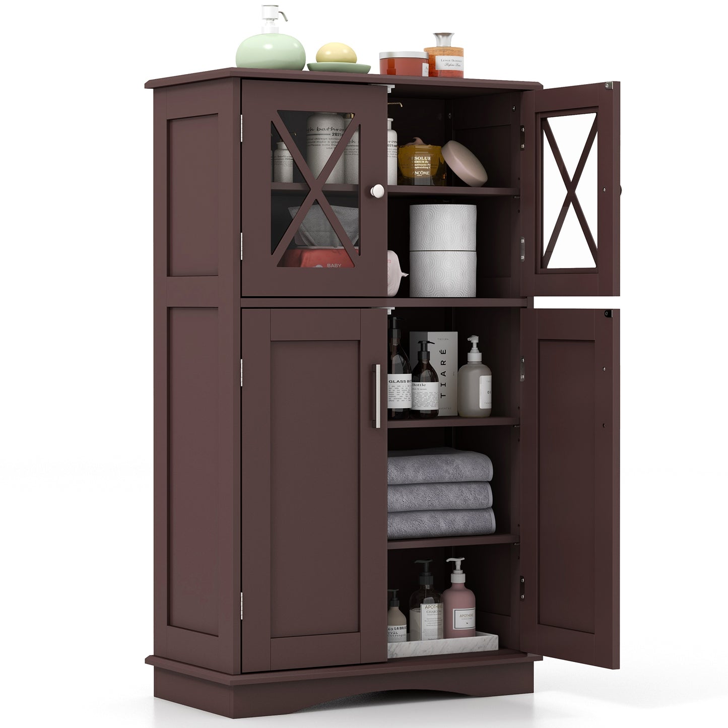 Giantex Bathroom Floor Storage Cabinet, Freestanding Linen Cabinet w/3 Adjustable Shelves, Brown