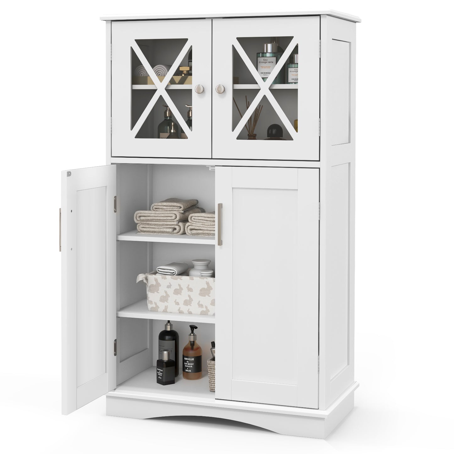 Giantex Bathroom Floor Storage Cabinet, Freestanding Linen Cabinet w/3 Adjustable Shelves, White