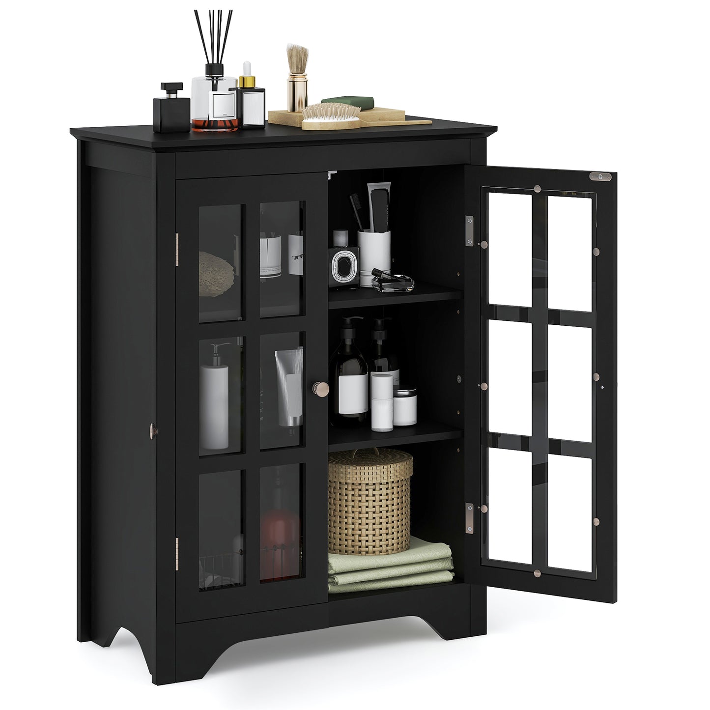 Giantex Freestanding Display Storage Cabinet, Bathroom Modern Storage Floor Organizer, Black