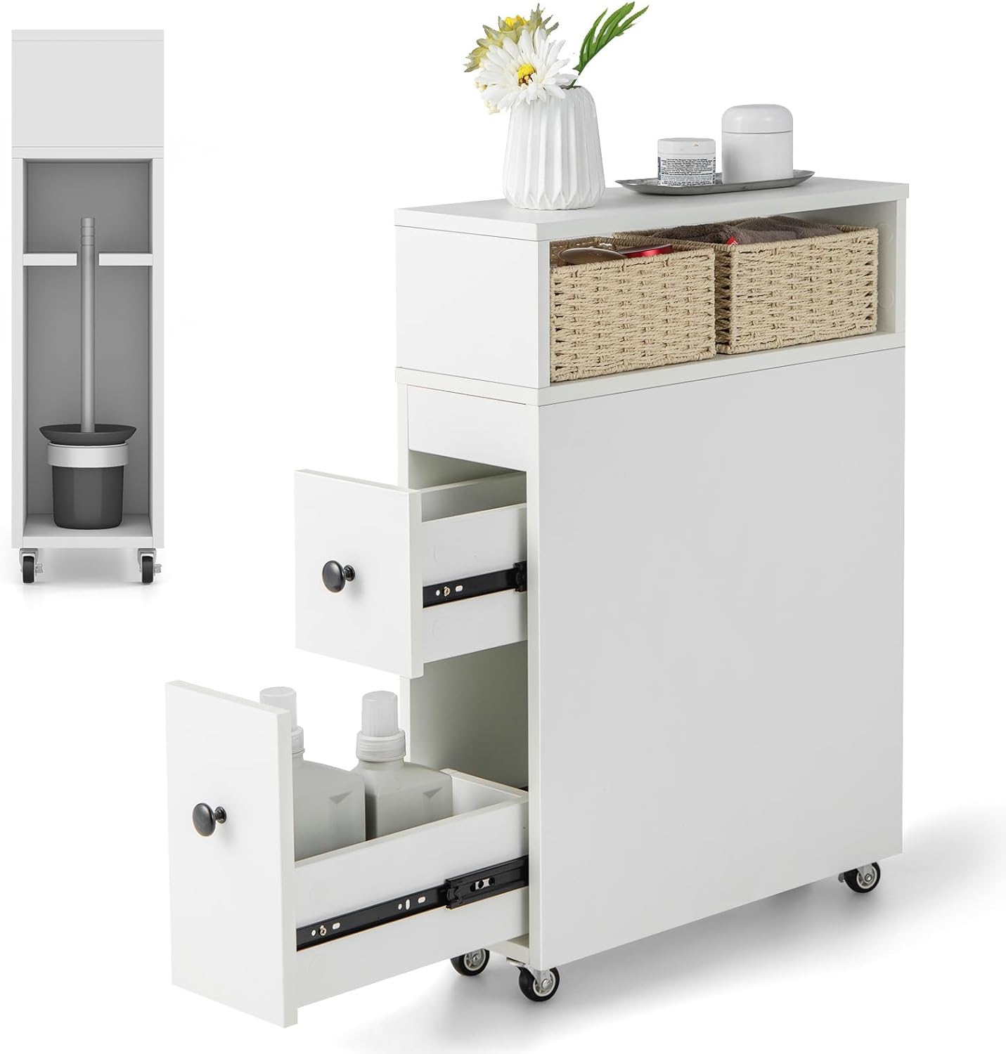 Giantex Narrow Side Bathroom Storage Cabinet, Toilet Storage on Wheels, Space Saver Rolling Storage Cabinet for Small Spaces