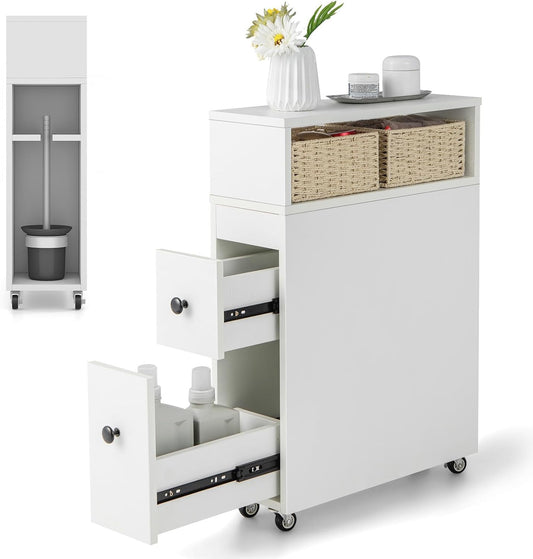 Giantex Narrow Side Bathroom Storage Cabinet, Toilet Storage on Wheels, Space Saver Rolling Storage Cabinet for Small Spaces