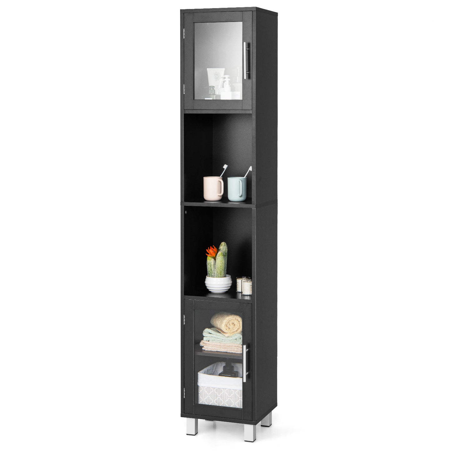 Giantex Tall Bathroom Storage Cabinet, Freestanding Slim Tower Cabinet w/Tempered Glass Doors, Space-saving Floor Cabinet for Bathroom Living Room Kitchen, Black