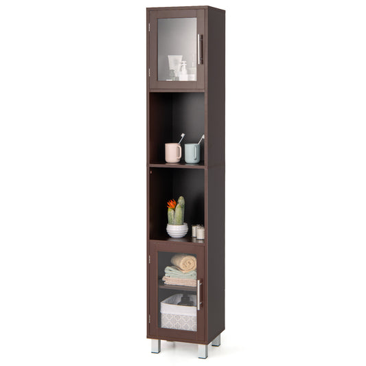 Giantex Tall Bathroom Storage Cabinet, Freestanding Slim Tower Cabinet w/Tempered Glass Doors, Space-saving Floor Cabinet for Bathroom Living Room Kitchen, Brown