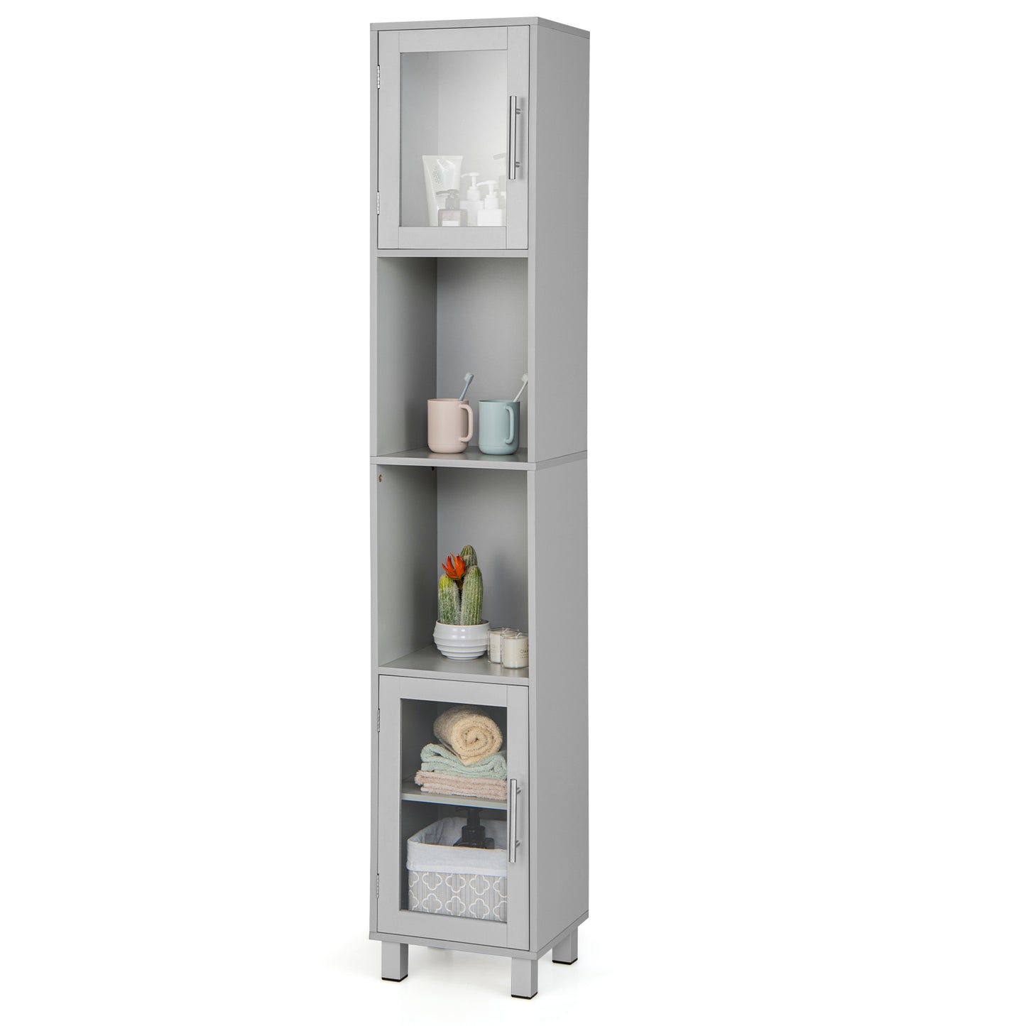 Giantex Tall Bathroom Storage Cabinet, Freestanding Slim Tower Cabinet w/Tempered Glass Doors, Space-saving Floor Cabinet for Bathroom Living Room Kitchen, Grey