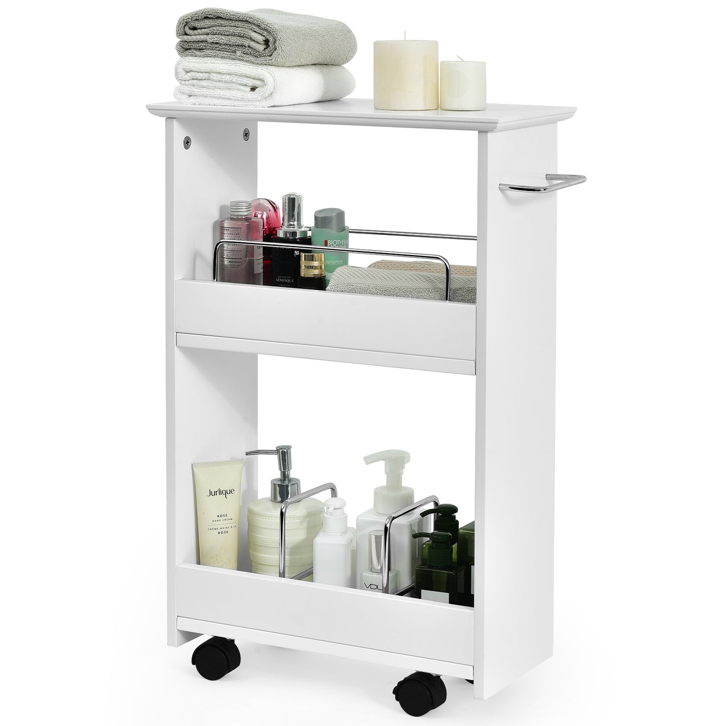 Giantex Expert Compact Bathroom Storage Cabinet, 3-Tier Rolling Cart, Slim Utility Cart  w/Towel Bar, Multifunctional Organizer