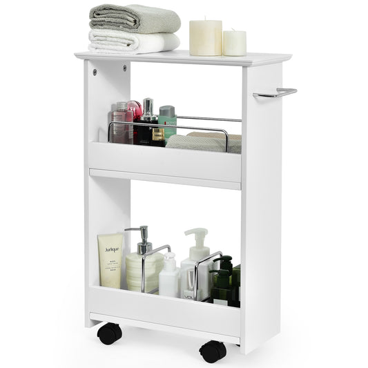 Giantex Expert Compact Bathroom Storage Cabinet, 3-Tier Rolling Cart, Slim Utility Cart  w/Towel Bar, Multifunctional Organizer