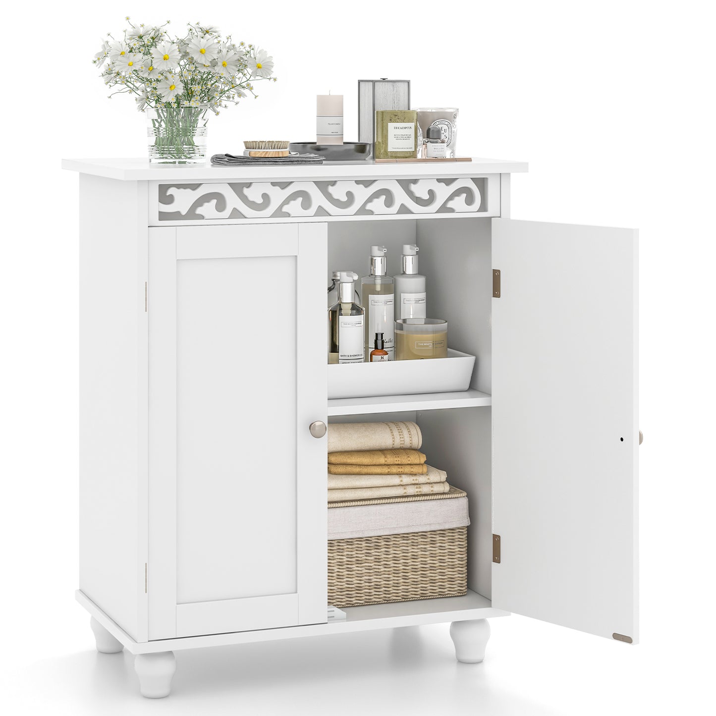 Giantex Freestanding 2-Door Storage Cabinet, Bathroom Floor Organizer w/ Solid Wood Legs