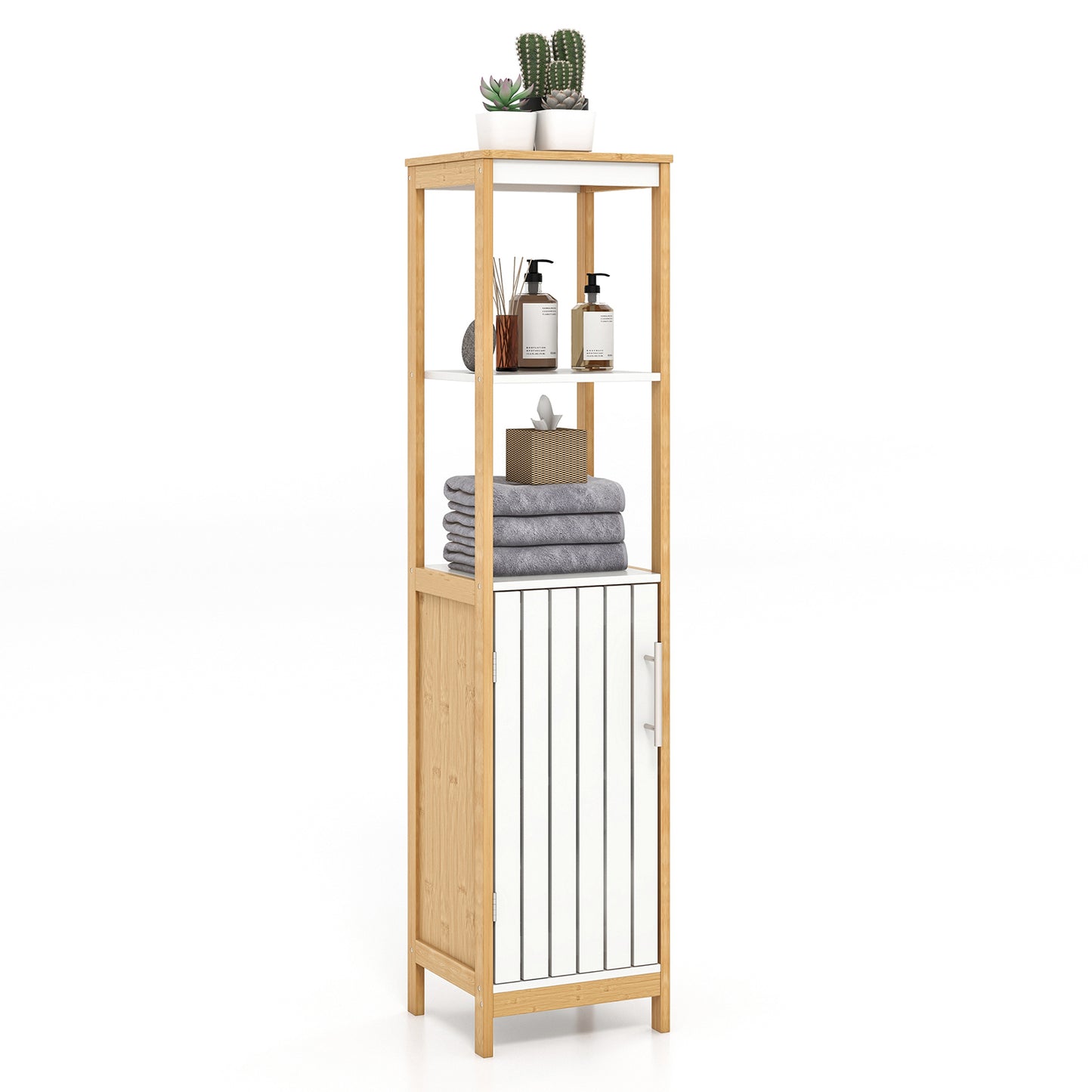 Giantex Tall Slim Bathroom Storage Cabinet, Bamboo Freestanding Floor Cabinet for Living Room