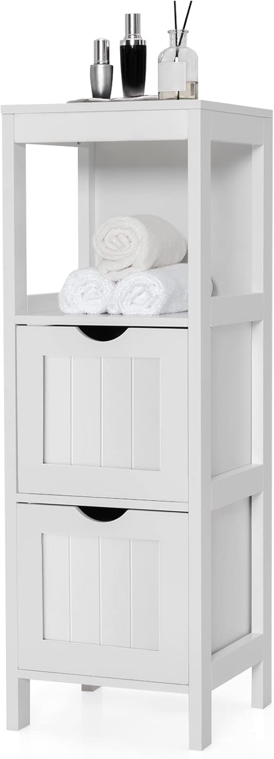Giantex Narrow Storage Bathroom Cabinet, Freestanding Floor Cabinet w/2 Removable Drawers, White