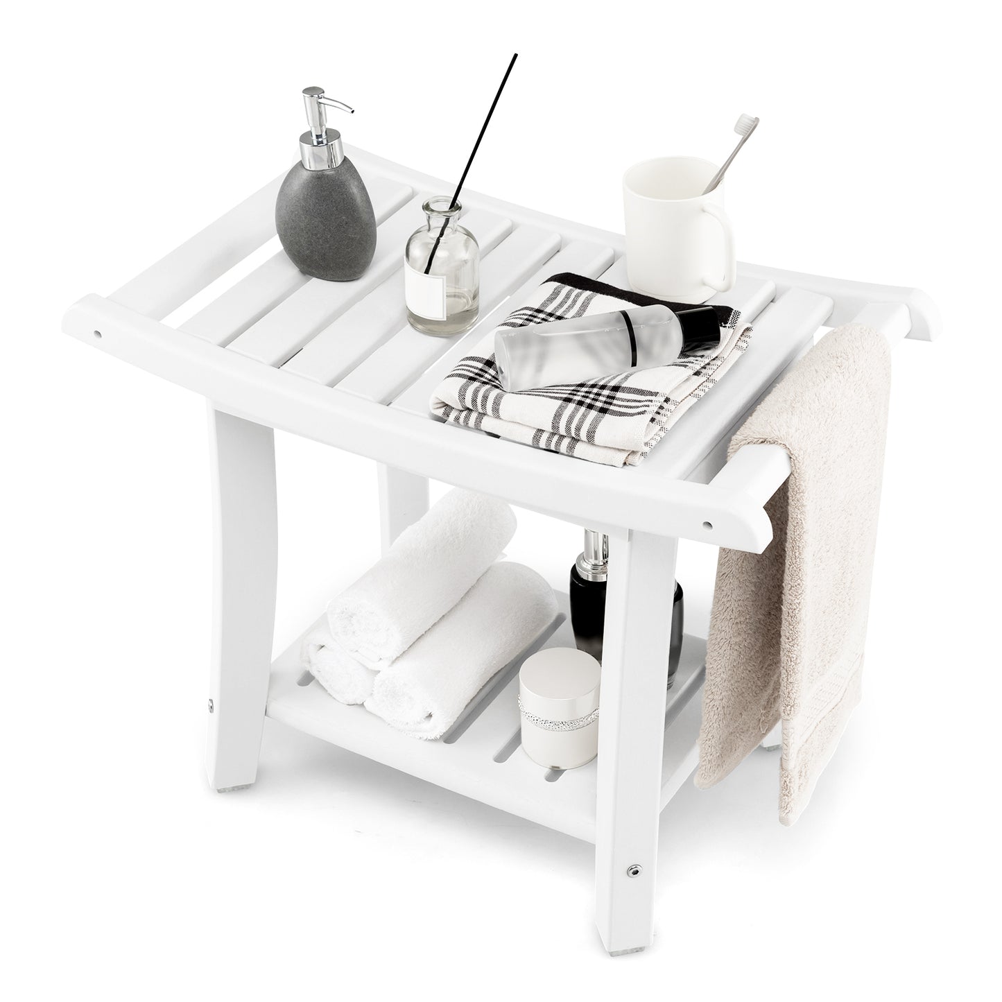 Giantex Shower Bench for Inside Shower, Waterproof Shower Seat Stool w/Storage Shelf, Bath Shower Chair for Shaving Legs & SPA, White