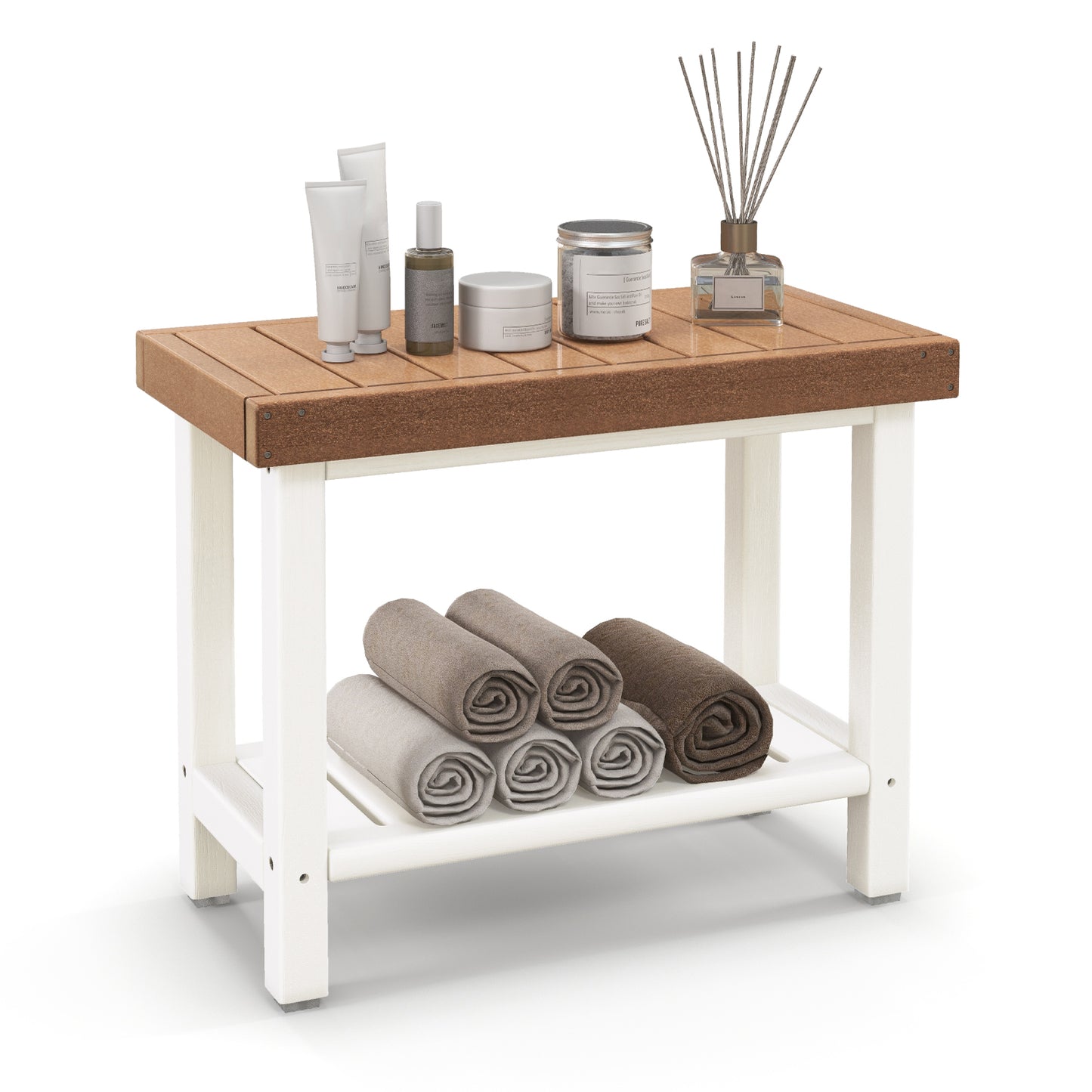 Giantex Spa Bath Stool, Shower Bench w/Non-Slip Foot Pads & Storage Shelf, Waterproof Bathroom Chair, Brown