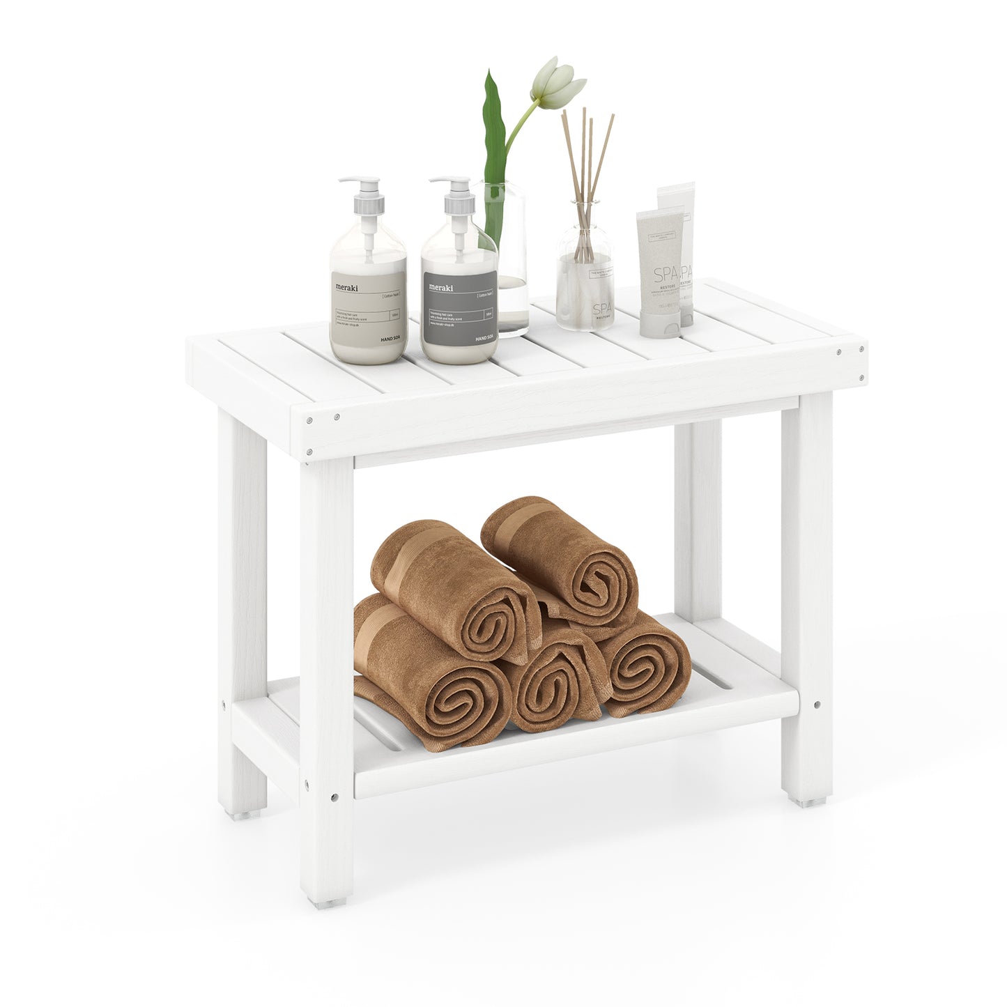 Giantex Spa Bath Stool, Shower Bench w/Non-Slip Foot Pads & Storage Shelf, Waterproof Bathroom Chair, White