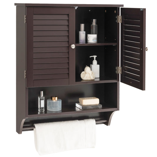 Giantex Wall Mounted Bathroom Cabinet w/Bar, Medicine Cabinet w/Double Louvered Doors, Storage Cabinet, Espresso