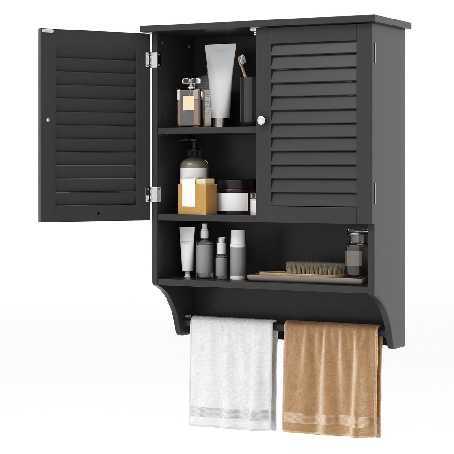 Giantex Wall Mounted Bathroom Cabinet w/Bar, Medicine Cabinet w/Double Louvered Doors, Storage Cabinet, Black