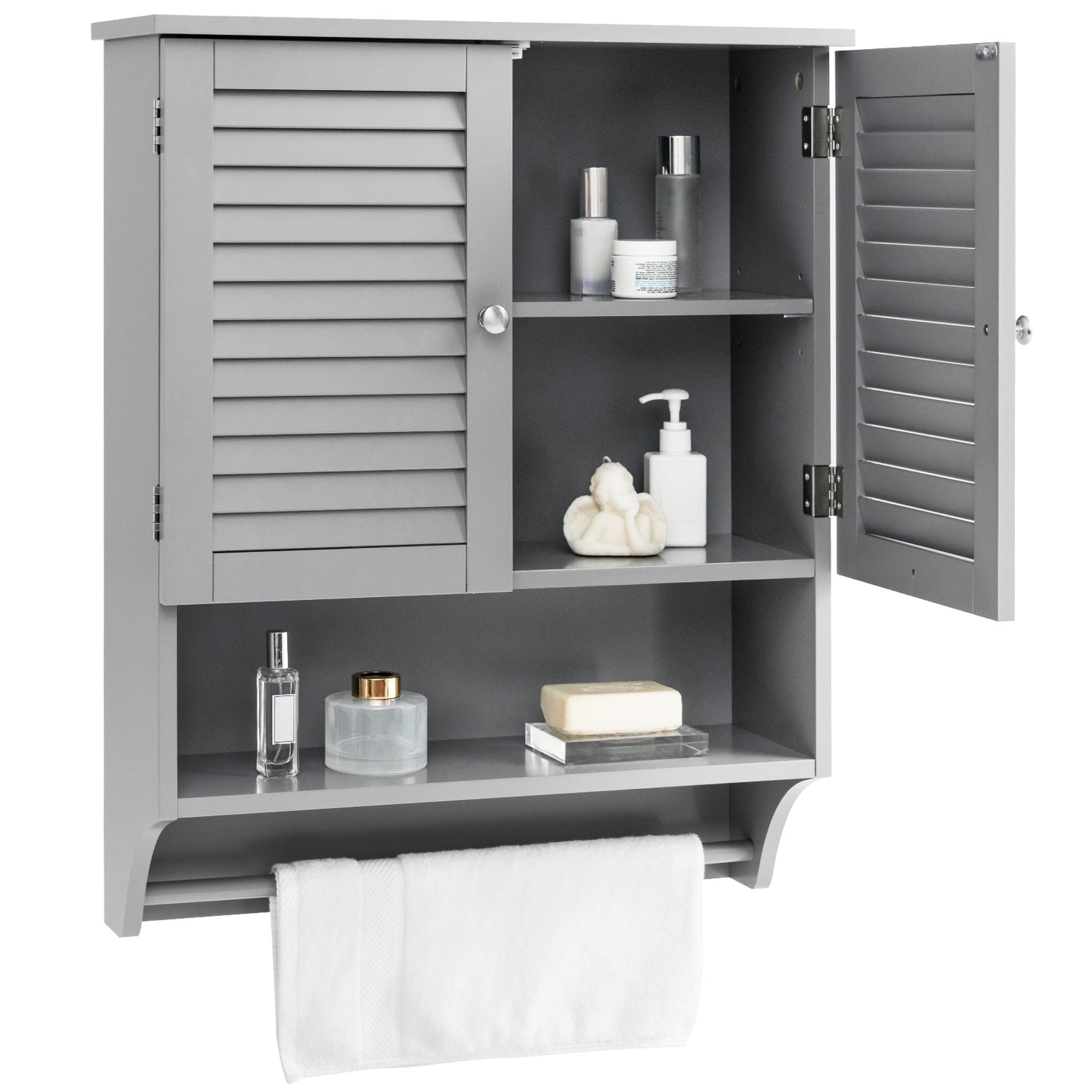 Giantex Wall Mounted Bathroom Cabinet w/Bar, Medicine Cabinet w/Double Louvered Doors, Storage Cabinet, Grey