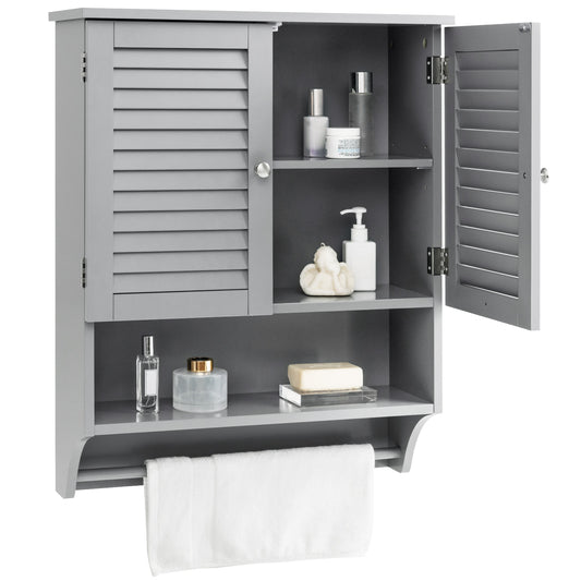 Giantex Wall Mounted Bathroom Cabinet w/Bar, Medicine Cabinet w/Double Louvered Doors, Storage Cabinet, Grey