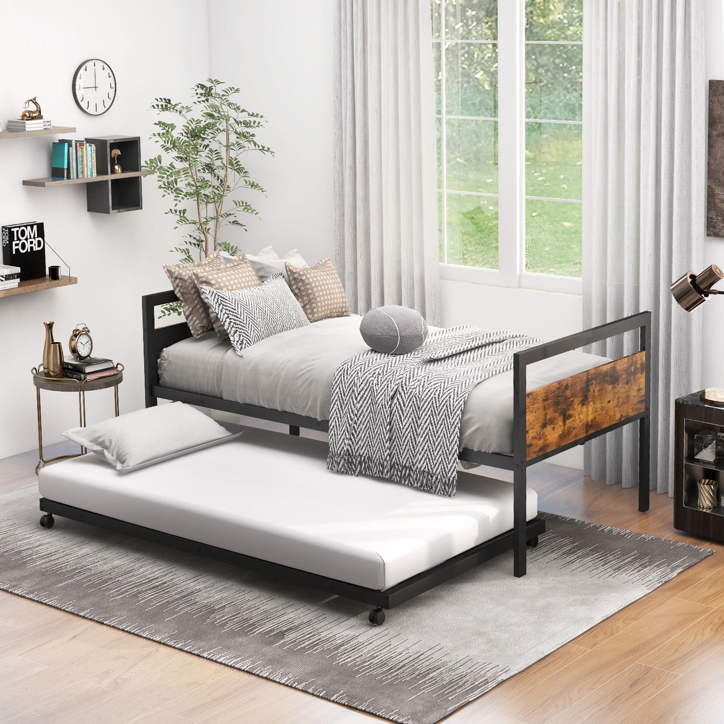Giantex Twin Size Metal Daybed w/Trundle, Daybed Frame w/Wooden Headboards, Metal Sofa Bed Frame, No Box Spring Needed
