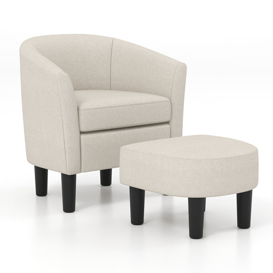Giantex Barrel Accent Chair w/Ottoman, Comfy Linen Fabric Armchair, Upholstered Club Tub Sofa Chair & Footstool Set, Beige