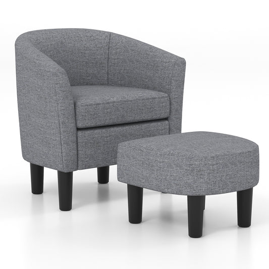 Giantex Barrel Accent Chair w/Ottoman, Comfy Linen Fabric Armchair, Upholstered Club Tub Sofa Chair & Footstool Set, Grey
