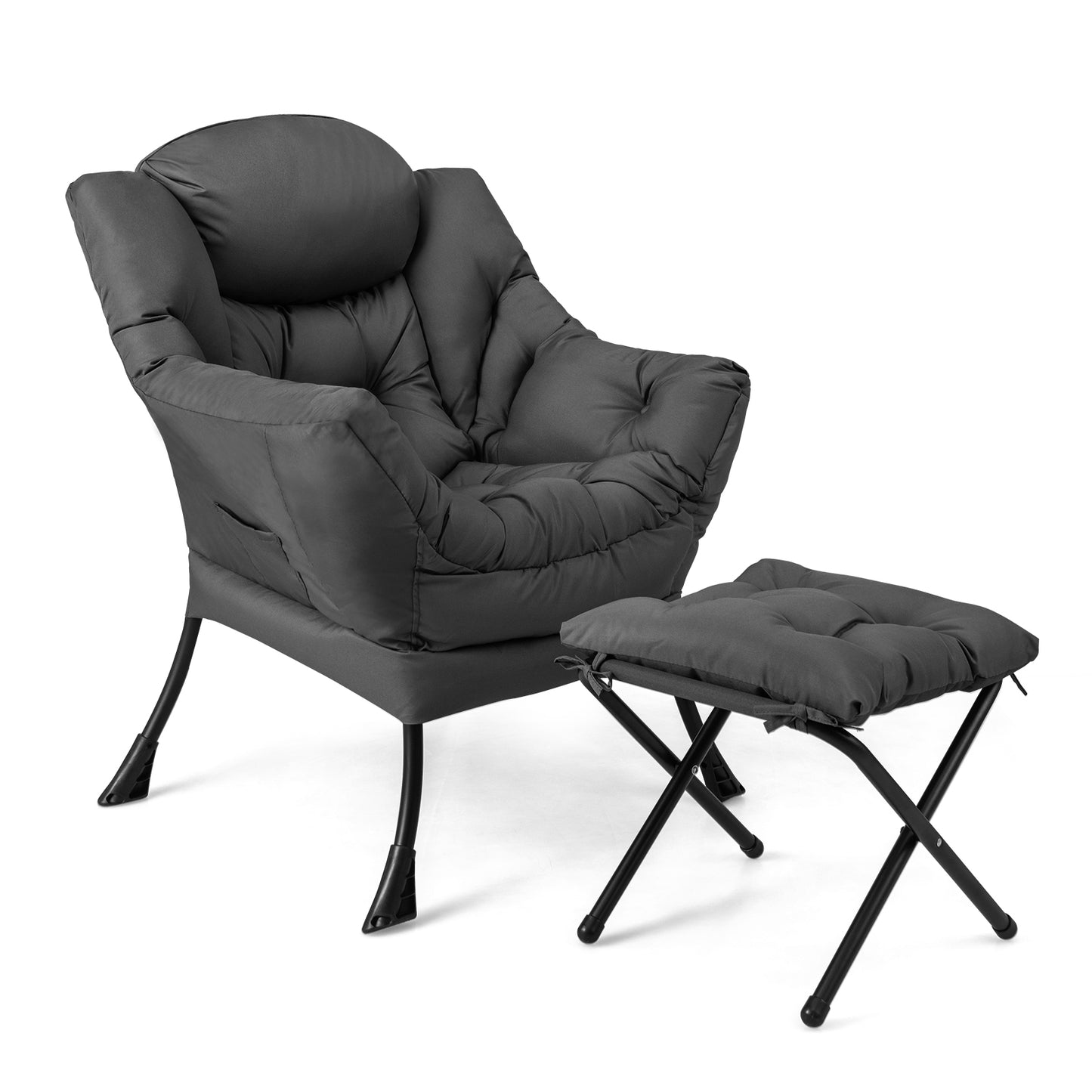 Giantex Modern Lazy Chair, Single Sofa Chair w/Ottoman, Upholstered Leisure Chairs Set for Living Room, Bedroom, Gray