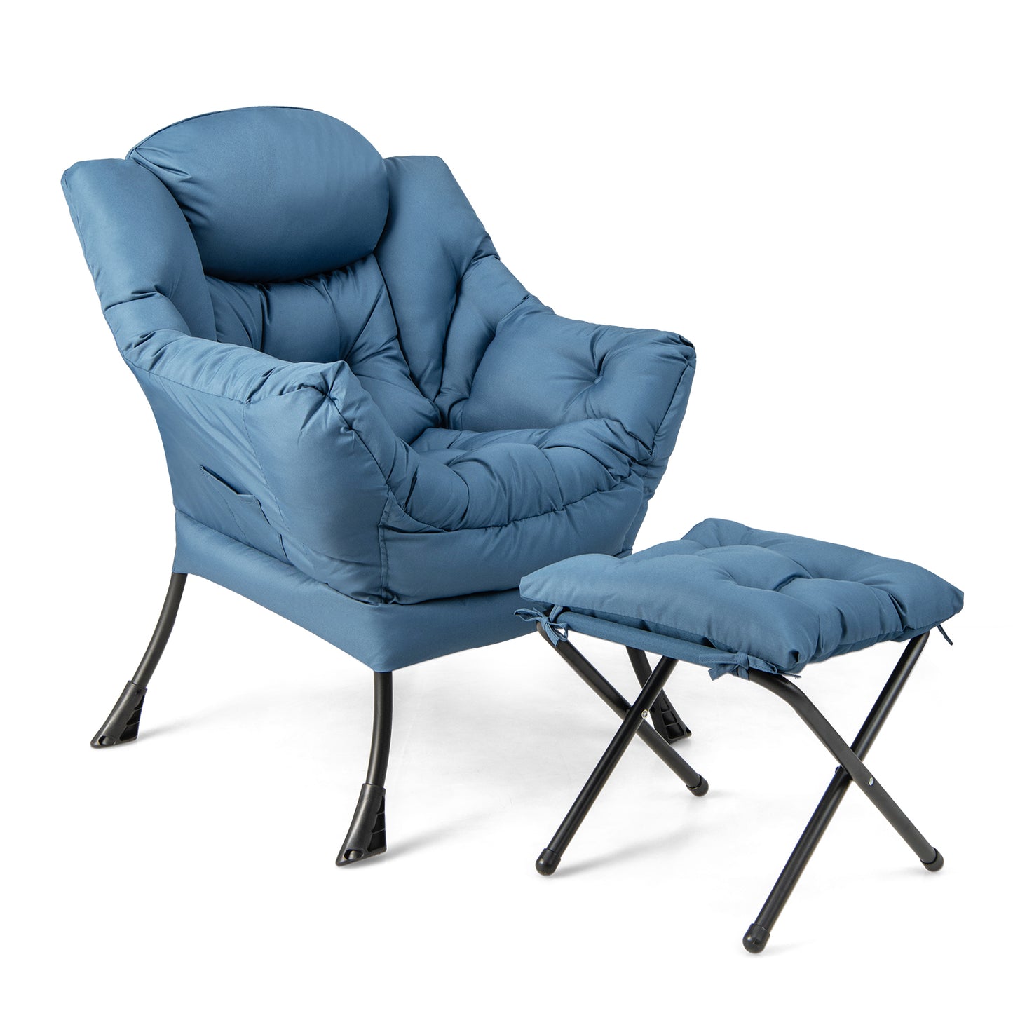 Giantex Modern Lazy Chair, Single Sofa Chair w/Ottoman, Upholstered Leisure Chairs Set for Living Room, Bedroom, Navy