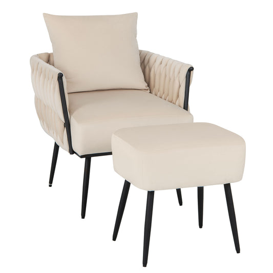 Giantex Velvet Accent Chairs w/Ottoman, Leisure Single Comfy Sofa Chair for Reading, Beige