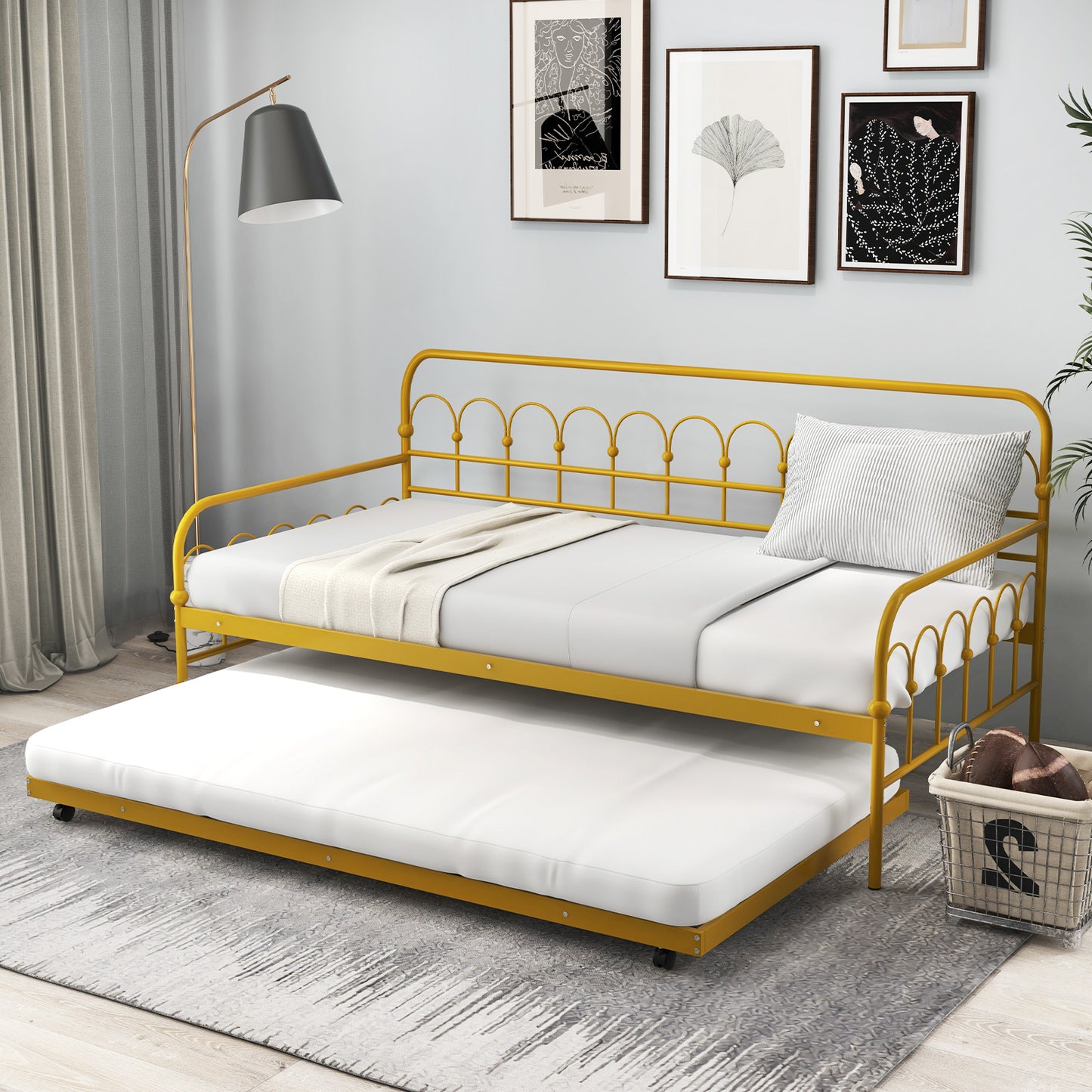 Giantex Twin Size Metal Daybed with Trundle, Mattress Foundation for Bedroom, Living Room, Guest Room