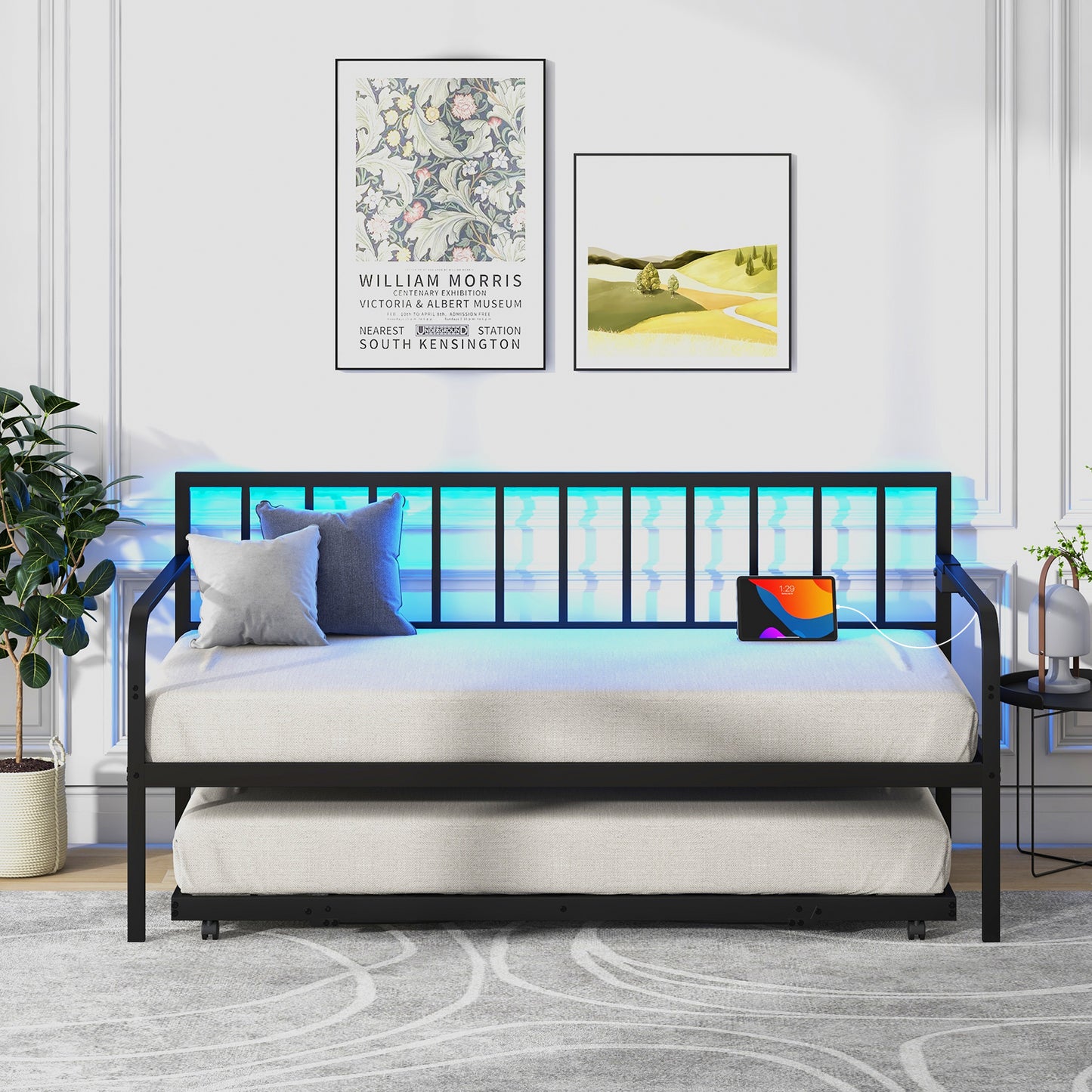 Giantex Twin Daybed Bed Frame w/Trundle, LED & Charging Station, Adjustable Metal Sofa Bed Frame