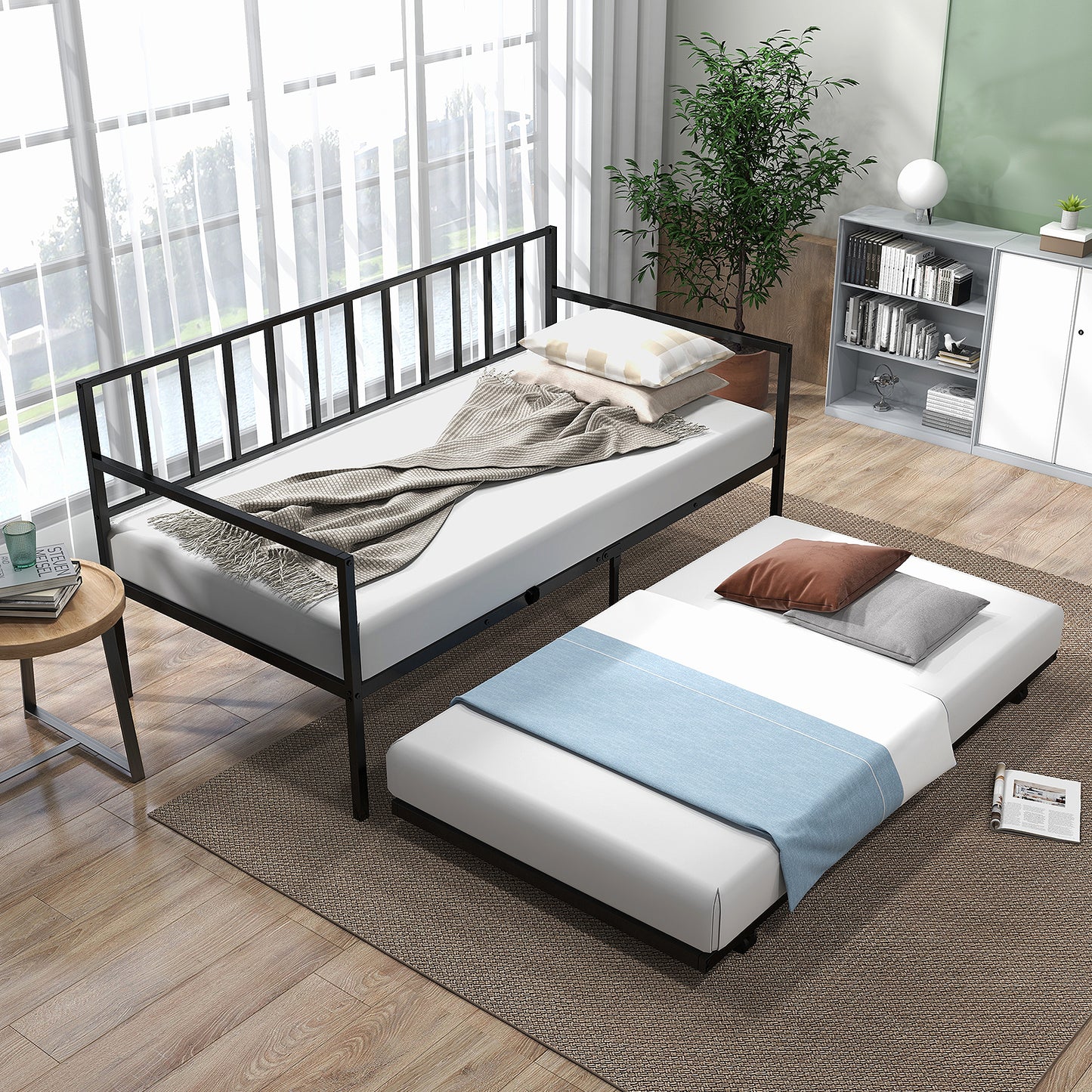Giantex Daybed w/Trundle, Metal Twin Bed Frame w/Heavy Duty Slat Support, Space-Saving Sofa Bed Frame