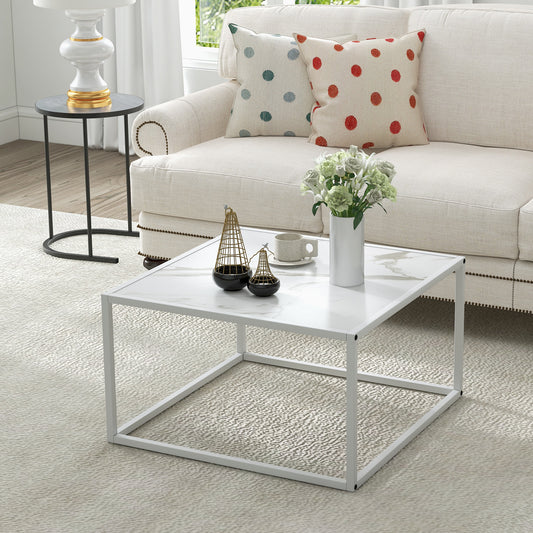 Giantex Square Coffee Table w/Faux Marble Tabletop, Center Cocktail Table, Low Bedside Table, Accent Living Room Furniture, White
