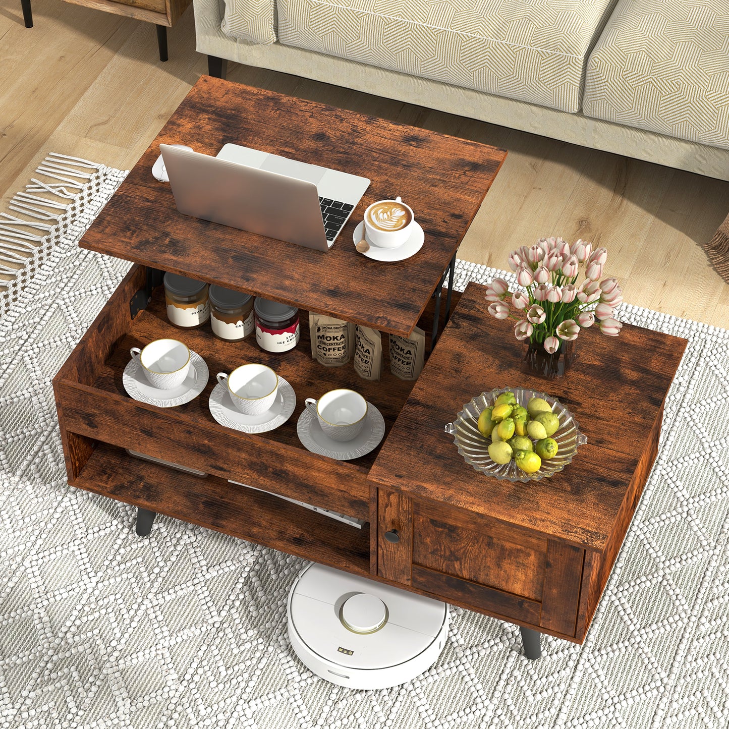 Giantex Lift Top Coffee Table, Modern Cocktail Table w/Hidden Compartment, Wooden Flip Top Center Table, Brown